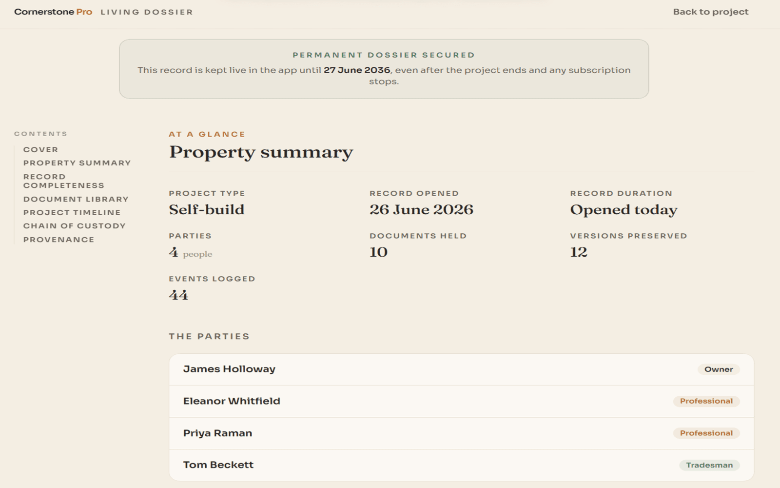 The living dossier property summary, parties and record stats