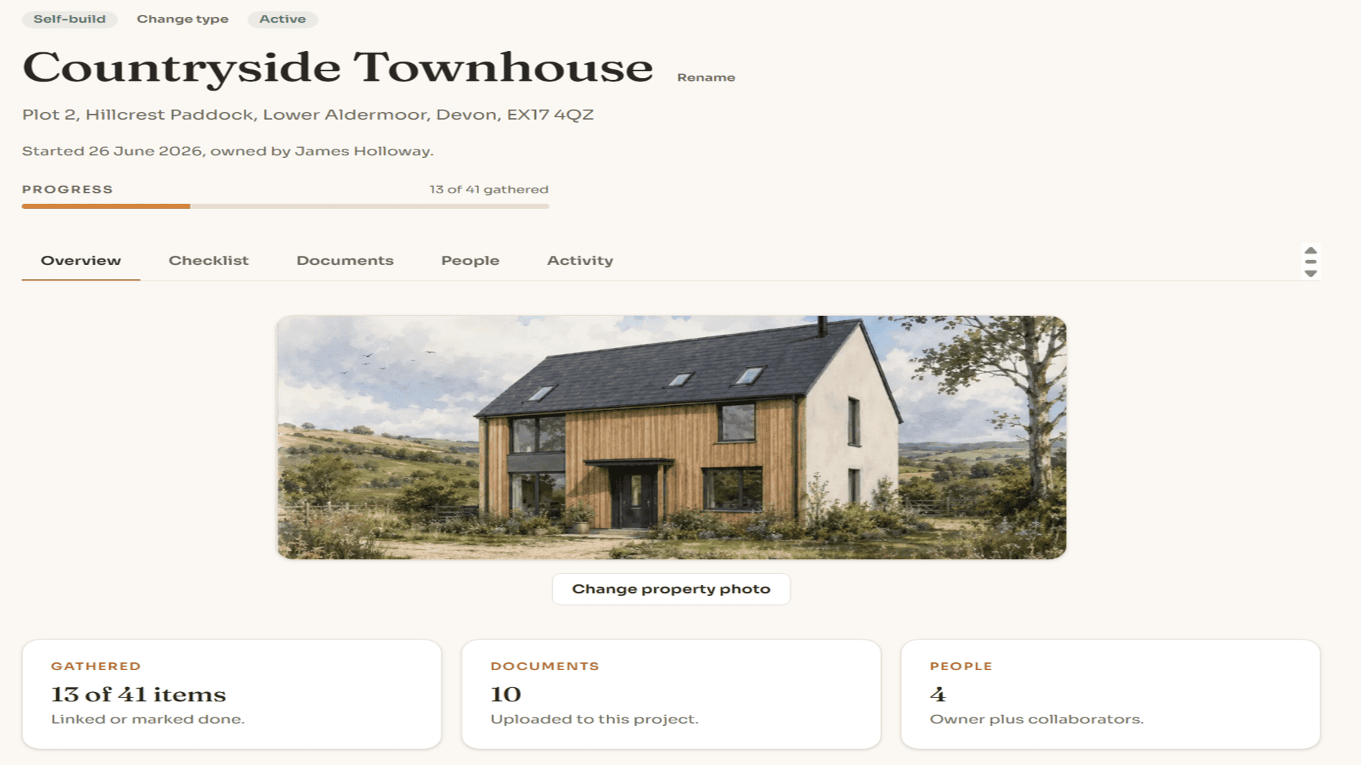 The Cornerstone Pro project overview for a self-build, showing the property, cover photo and progress