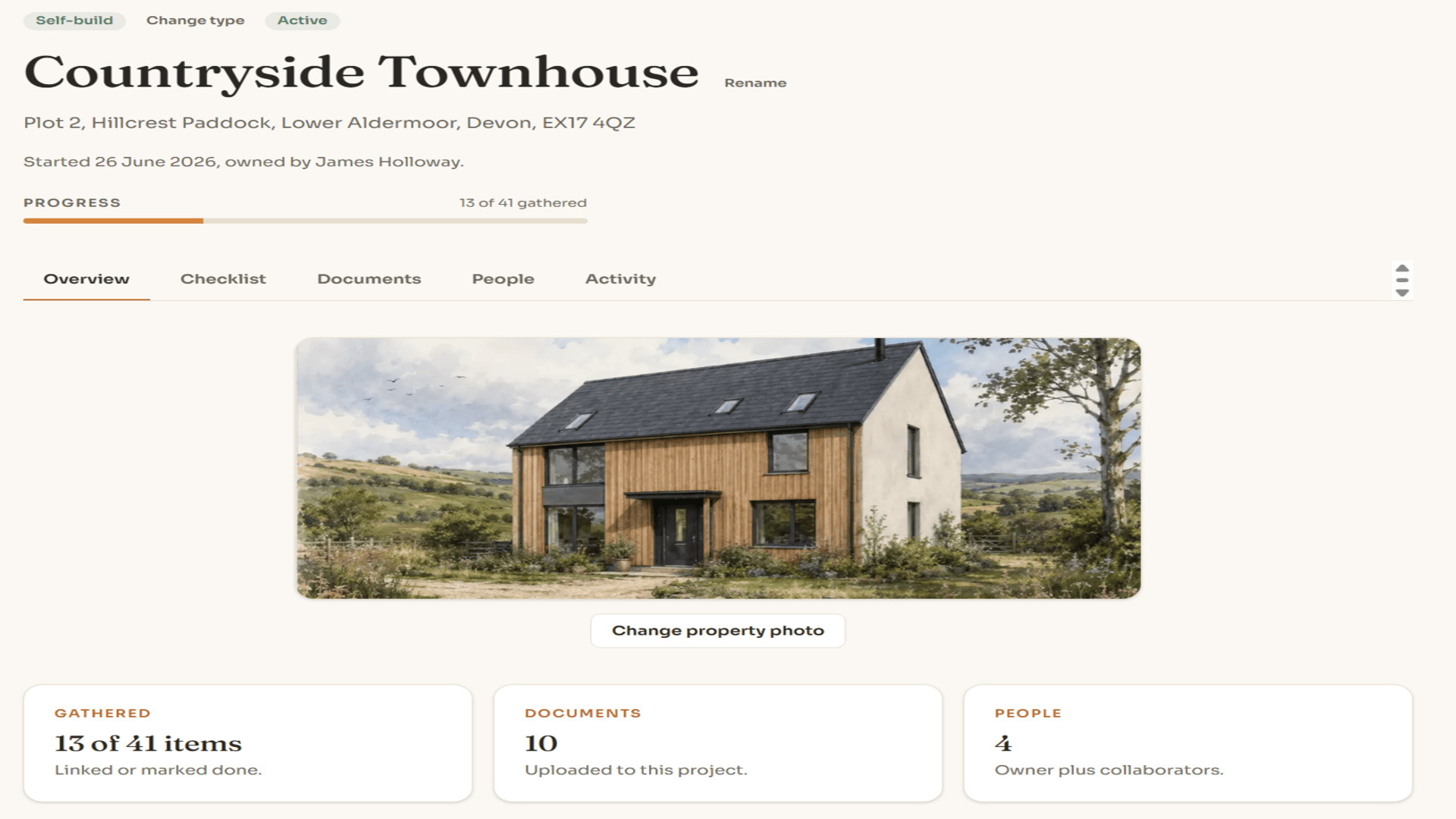 The Cornerstone Pro project overview for a self-build, showing the property, cover photo and progress