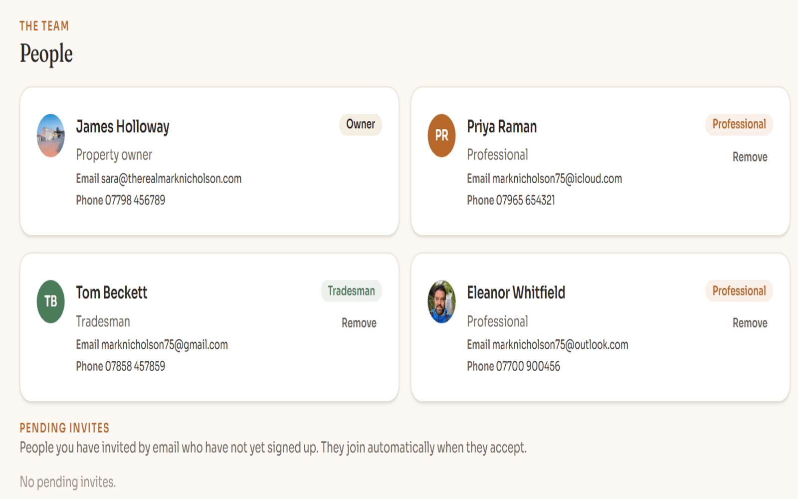The People tab showing owner, tradesman, professional and agent, each with a role colour